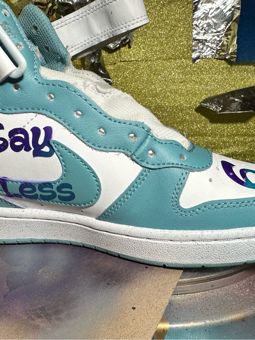Nike Kids White & Teal High-Top Sneakers with Purple Accents. Custom made 69